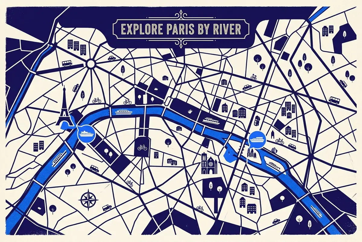 Map of central Paris showing Seine River cruise departure points at the Eiffel Tower and Pont Neuf